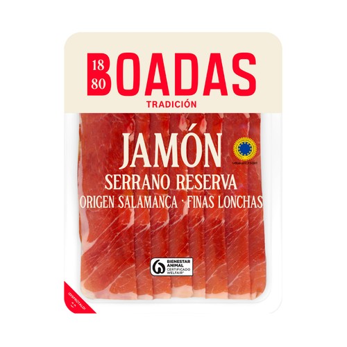 BOADAS Jamón serrano reserva, con curación mínima de 12 meses y cortado en finas lonchas 110 g.