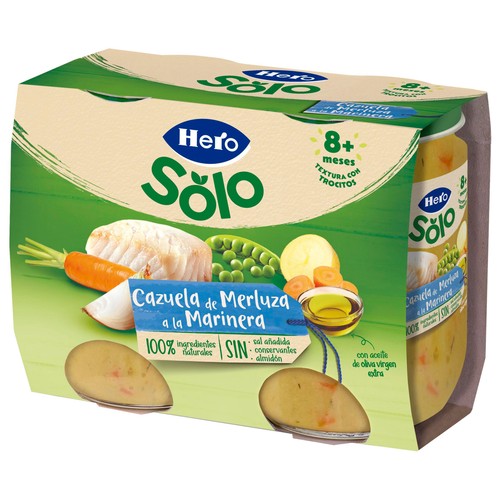 HERO Solo Tarrtios de cazuelita de merluza a la marinera (textura con trocitos), a paritr de 8 meses 2 x 190 g.