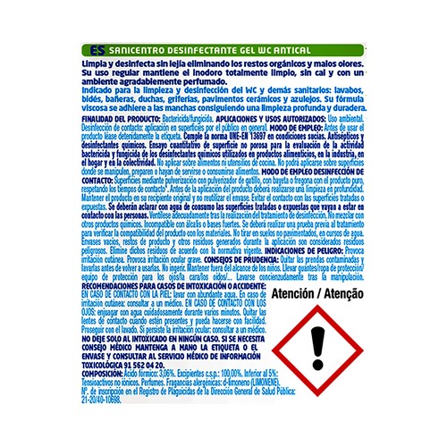 SANICENTRO Gel desinfectante de WC sin lejía, con acción antical y desicrustante, aroma lima fresh 1 l.