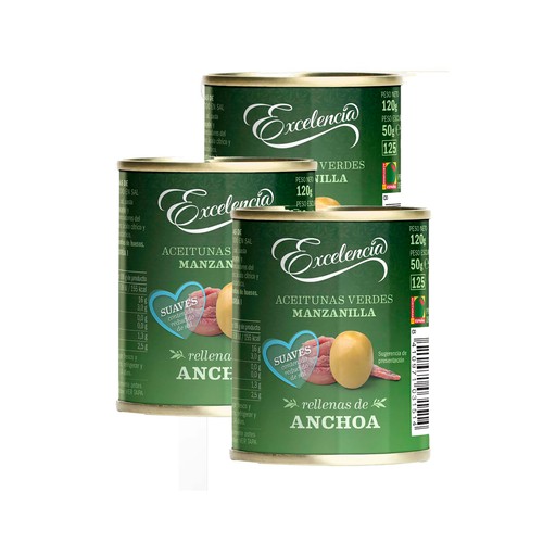 EXCELENCIA Aceitunas verdes rellena de anchoa suave 3 uds x 50 g.