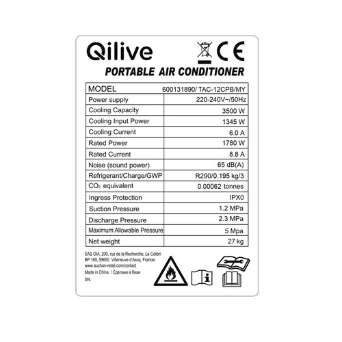 Aire acondicionado portátil QILIVE Q.6890, clase energética A, 3.025 frig/h, temporizador, mando a distancia.