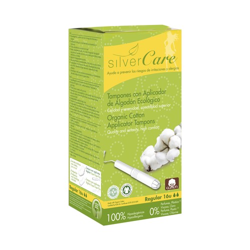 SILVERCARE Tampones de uso regular, con aplicador fabricado con algodón de procedencia ecológica SILVERCARE 16 uds.