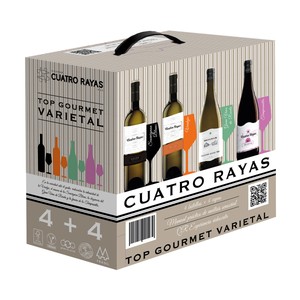 CUATRO RAYAS Caja con 3 botellas de vino blanco  D.O Rueda, Gran vino de Rueda y vino tinto I.G.P Vino de la Tierra de Castilla y León + 4 copas.