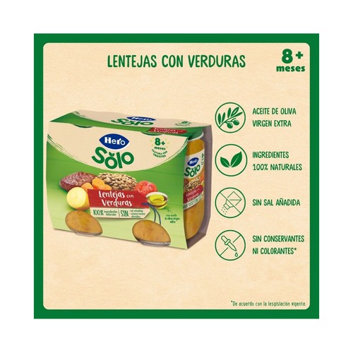 HERO Solo Tarrito de lentejas con verduritas (textura con trocitos), a partir de 8 meses 2 x 190 g.