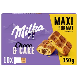 MILKA Cake&choc Bizcochitos con pepitas de chocolate con leche, rellenos de chocolate 350 g.