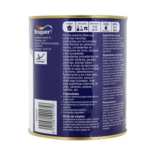 Pintura impermeable antihumedad, anti manchas y antimoho de color blanco BRUGUER 0,75 litros 1 unidad.