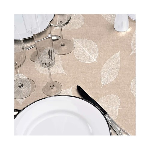 Mantel redondo pvc 160cm tacto textil hojas blanco. U10