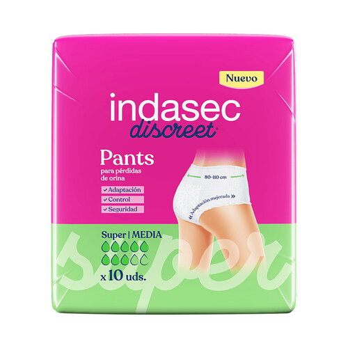 INDASEC Pants de incontinencia super, talla mediana, para perdidas de orina severas INDASEC Discreet 10 uds