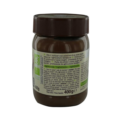 ALCAMPO ECOLÓGICO Crema de cacao y avellanas ecológica, sin aceite de palma 400 g.