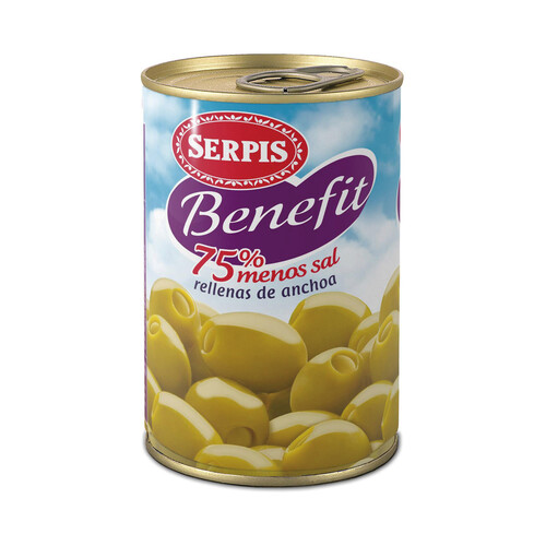 SERPIS Aceitunas verdes rellenas de anchoa con un 70% menos de sal SERPIS Benefit lata de 130 g.