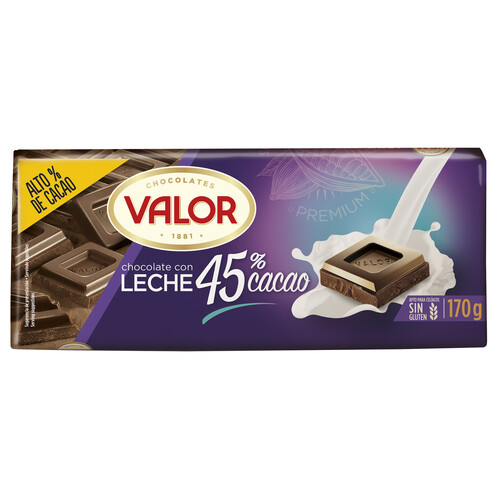 VALOR Chocolate con leche 45% cacao sin gluten 170 g.