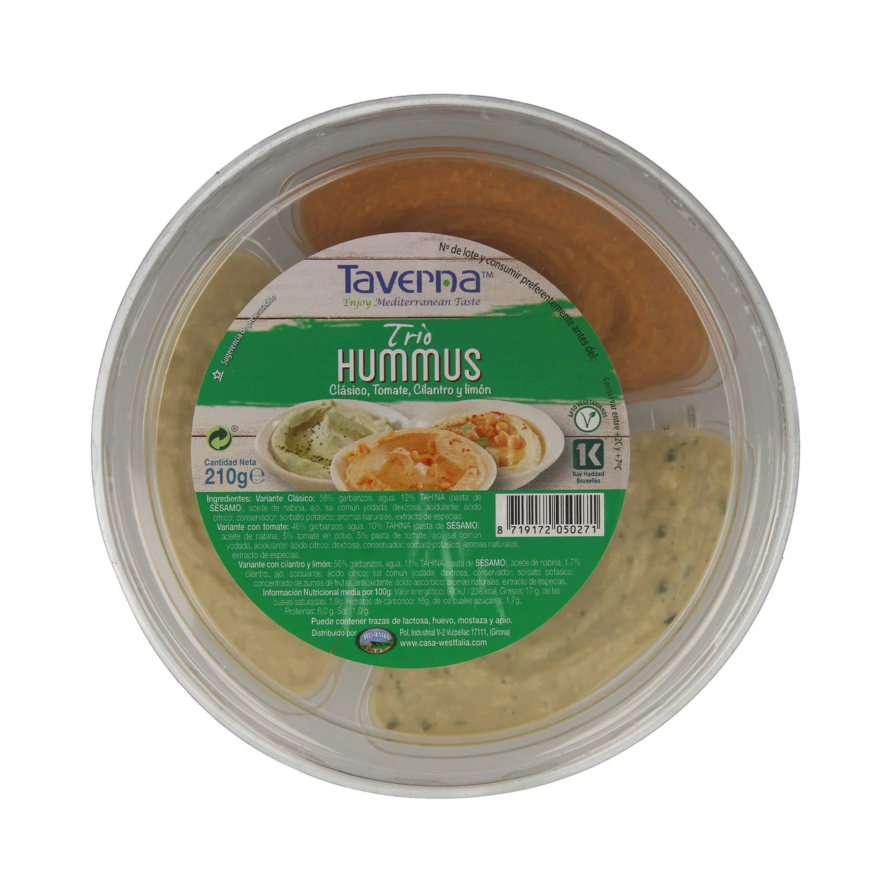 TAVERNA Humus de tres variedades (clásico, tomate y cilantro y limón) TAVERNA 210 g.