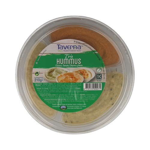 TAVERNA Humus de tres variedades (clásico, tomate y cilantro y limón) TAVERNA 210 g.