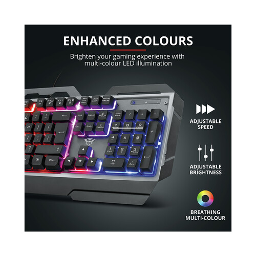 Teclado gaming TRUST GXT 856 Torac, placa superior metálica, iluminación multicolor, teclas multimedia, modo juego.