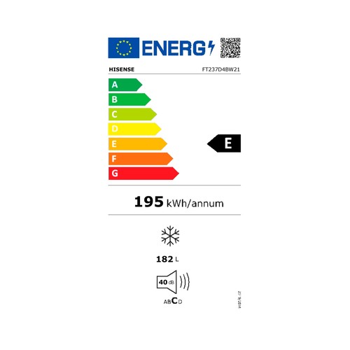 Arcón congelador HISENSE FT237D4BW21, clasificación energética: E, H: 84,2cm,A: 89,1cm, F: 55,7cm, capacidad total: 182L.
