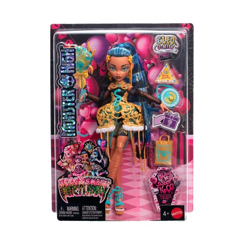 Monster High Cumplespantos Cleo De Nile, Muñeca de fiesta con accesorios temáticos +4 Años MATTEL