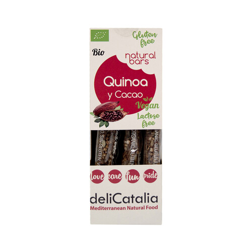Barrita de quinoa y cacao natural, gluten free, vegan, lactosa free y ecológica, DELICATALIA 3 uds. 90 g.