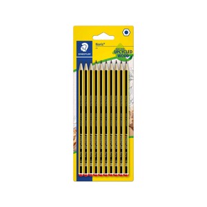 Imagen de 10 lápices de grafito, cuerpo color amarillo y negro del número 2 y con dureza HB STAEDTLER Noris.