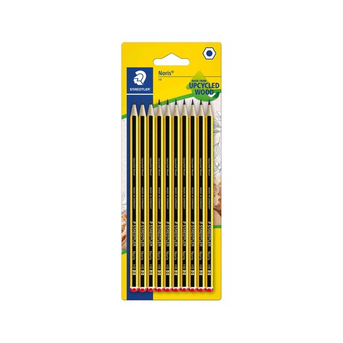 10 lápices de grafito, cuerpo color amarillo y negro del número 2 y con dureza HB STAEDTLER Noris.