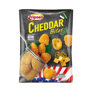 FRIPOZO Bolitas de queso cheedar ligeramente picante, empanadas con una mezcla de panes de maíz, trigo y arroz 250 g.