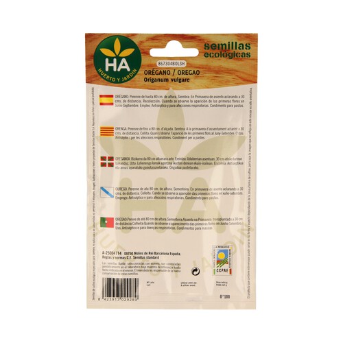 Semillas ecológicas para plantar orégano HA-HUERTO Y JARDÍN 0.1 gramos.