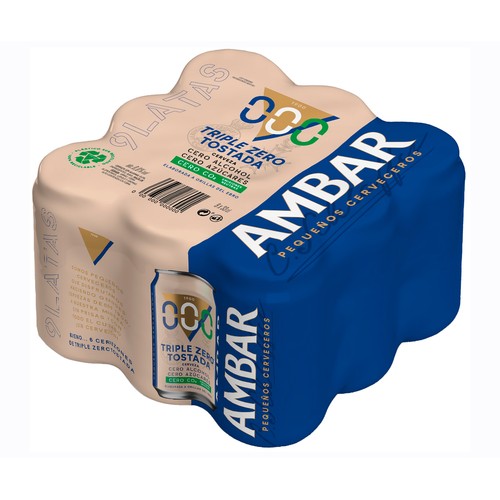AMBAR Cerveza triple zero tostada pack 9 latas 33 cl.