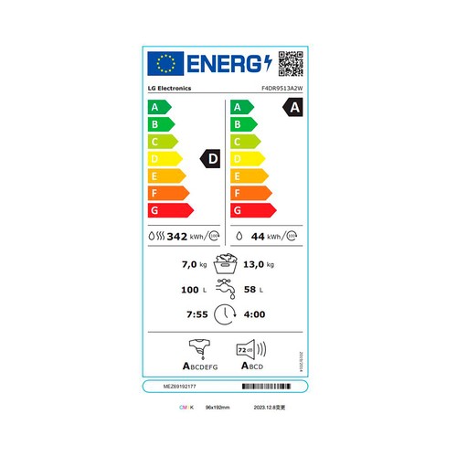Lavadora secadora LG F4DR9513A2W, capacidad lavado/secado: 13KG/7KG, clasificación energética: A, 1400RPM, H: 85cm,A: 60cm,F: 61,5cm.