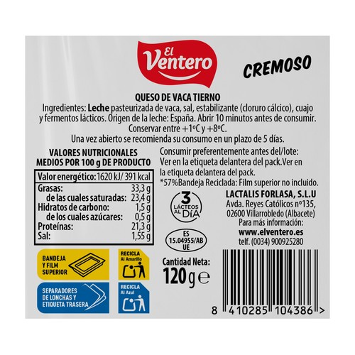 EL VENTERO Queso de vaca en lonchas cremoso 120 g.