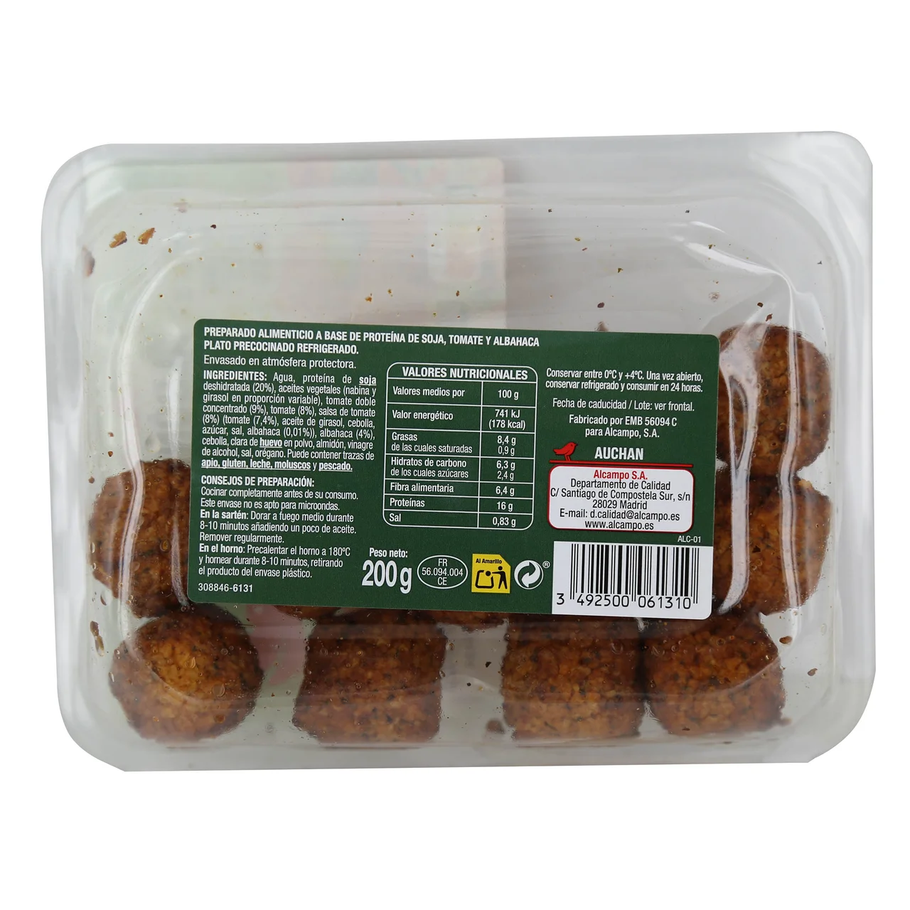 AUCHAN Albóndigas vegetales a base de soja, tomate y albahaca Veggie 200 g. Producto Alcampo