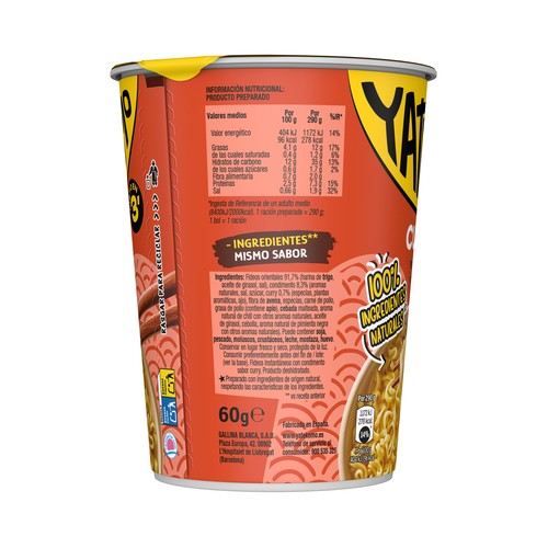 YATEKOMO Fideos Orientales instantáneos con sabor a curry - 60g.
