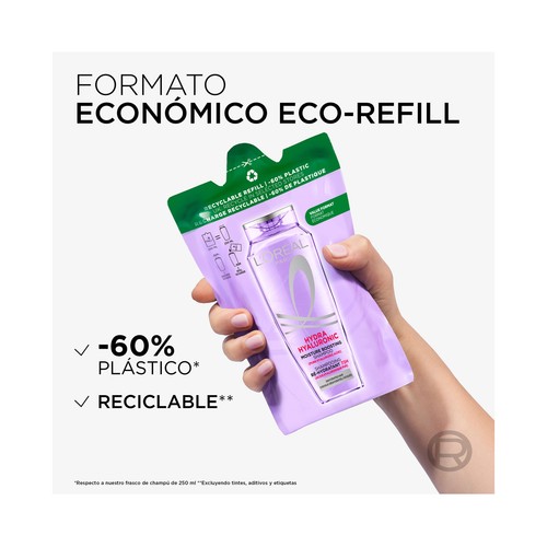 ELVIVE Hydra hyaluronic Recarga Champú hidratante hasta 72 horas con ácido Hialurónico, para cabello deshidratado 500 ml.