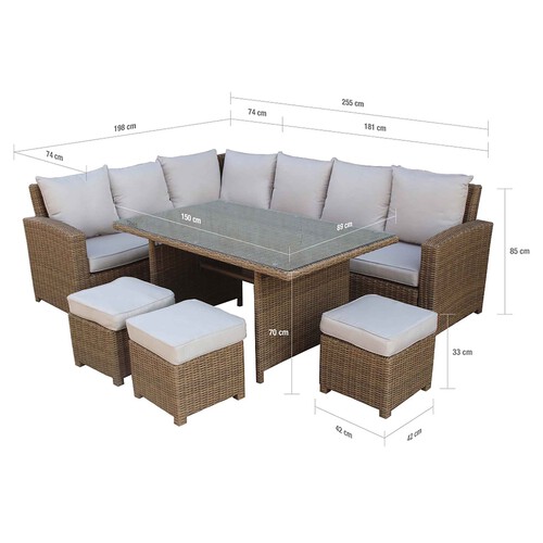 Conjunto de  muebles de jardín 9 plazas con 2 sofás, 3 taburetes y mesa de aluminio y ratán color marrón/blanco, incluye cojines, Estocolmo KACTUS.