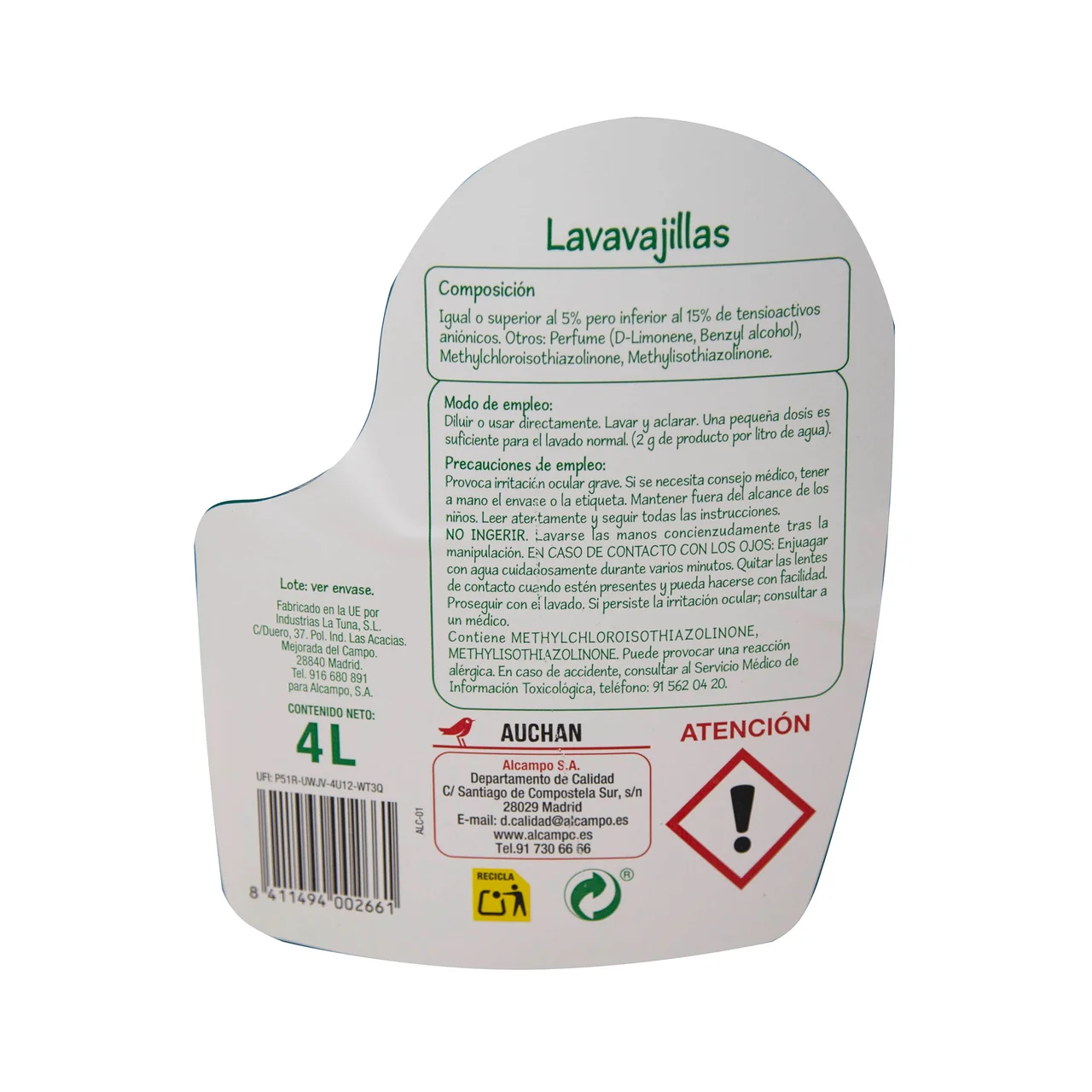 PRODUCTO ECONÓMICO ALCAMPO Detergente lavavajillas a mano 4 l.