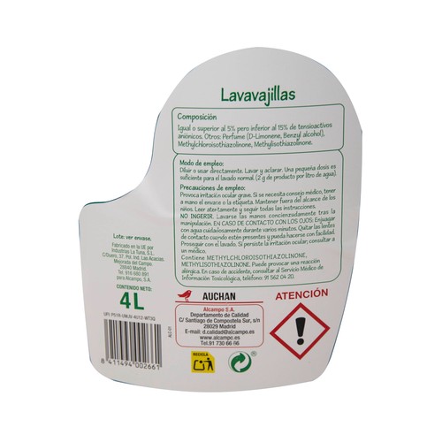 PRODUCTO ECONÓMICO ALCAMPO Detergente lavavajillas a mano 4 l.