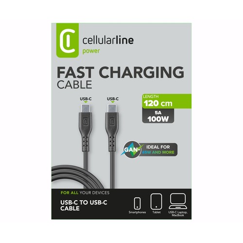 Cable USB-C a USB-C CELLULAR LINE USBDATA100C2C5A1MK, longitud 120cm, carga super fast