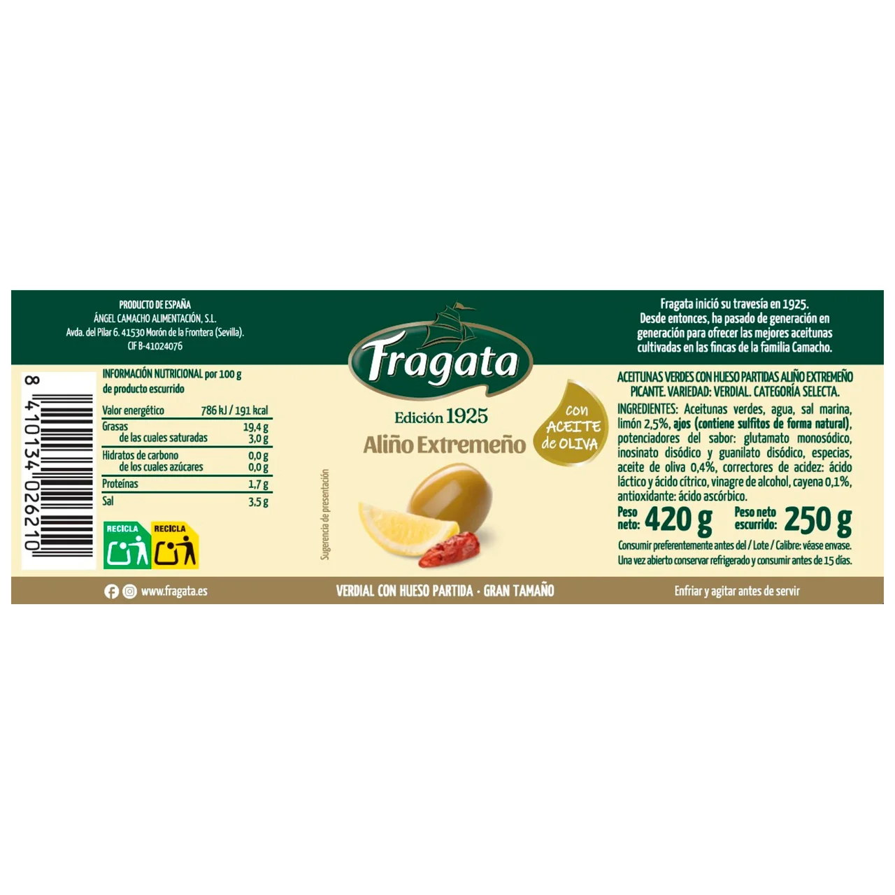 Aceituna verdial con hueso aliño extremeño - Tarro 250g.
