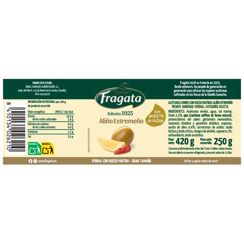 FRAGATA Aceituna verdial con hueso aliño extremeño - Tarro 250g.
