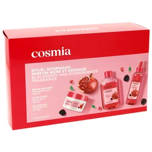COSMIA Estuche regalo para mujer, con bruma corporal, gel y gelatina corporal con aroma a zarzamora y granada.