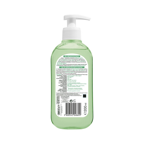 GARNIER Gel limpiador botánico purificante, con hoja de té verde, para pieles grasas GARNIER Skin active 200 ml.