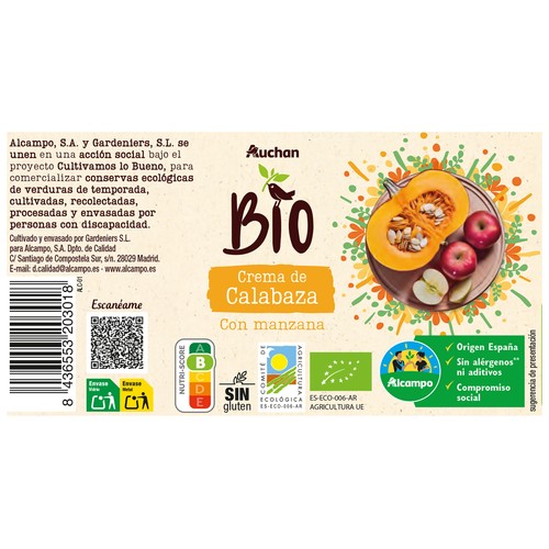ALCAMPO CULTIVAMOS LO BUENO Bio Crema de calabaza con manzana de cultivo ecológico bote 500 ml.