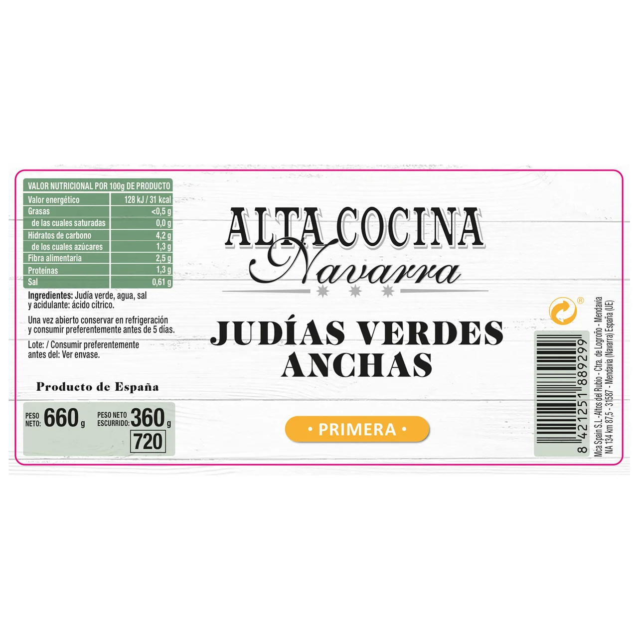 Judías verdes planas frasco de 360 g.