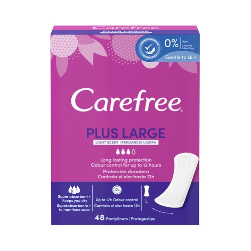CAREFREE Salvaslips extra largos y super absorbentes con fragancia ligera CAREFREE Plus large 48 uds.