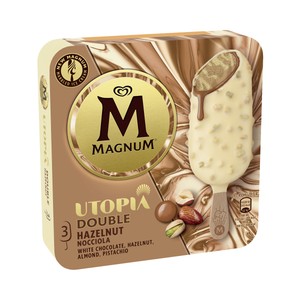 Imagen de MAGNUM Utopia doble hazelnut de Frigo Helado de avellana, almendra y caramelo recubierto de chocolate blanco 3 x 85 ml.