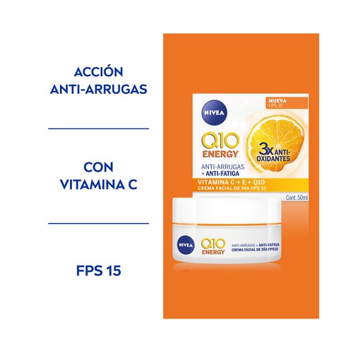 NIVEA Q10 Energy Crema de día antiarrugas, con vitamina C y FPS 15 50 ml.