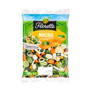 Imagen de FLORETTE Mix de verduras (brócoli, zanahoria y puerro) al vapor para microondas 300 g.
