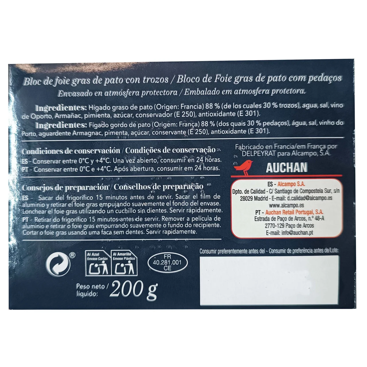PRODUCTO ALCAMPO Collection Bloc de foie gras de pato con trozos 200 g.