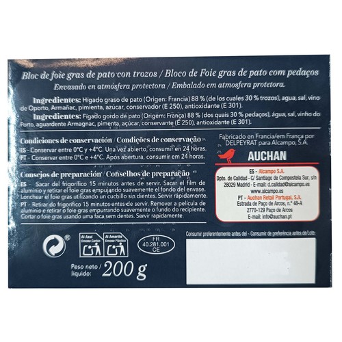 PRODUCTO ALCAMPO Collection Bloc de foie gras de pato con trozos 200 g.