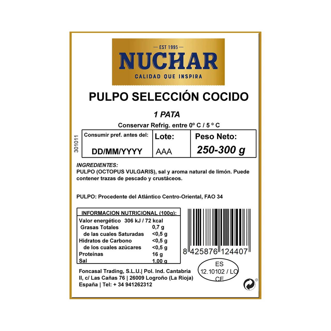 NUCHAR Pulpo selección cocido, pata NUCHAR 250-300 g.