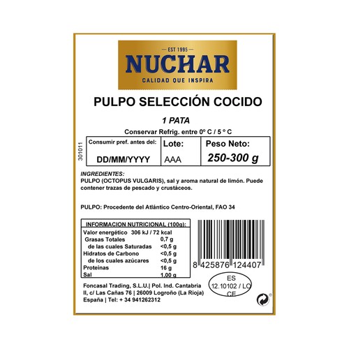 NUCHAR Pulpo selección cocido, pata NUCHAR 250-300 g.