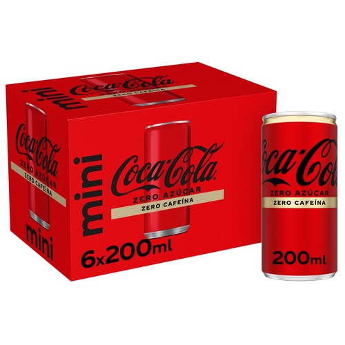 COCA COLA Zero cafeína mini Refresco de cola zero azúcar zero cafeína  pack latas 6 x 200 ml.